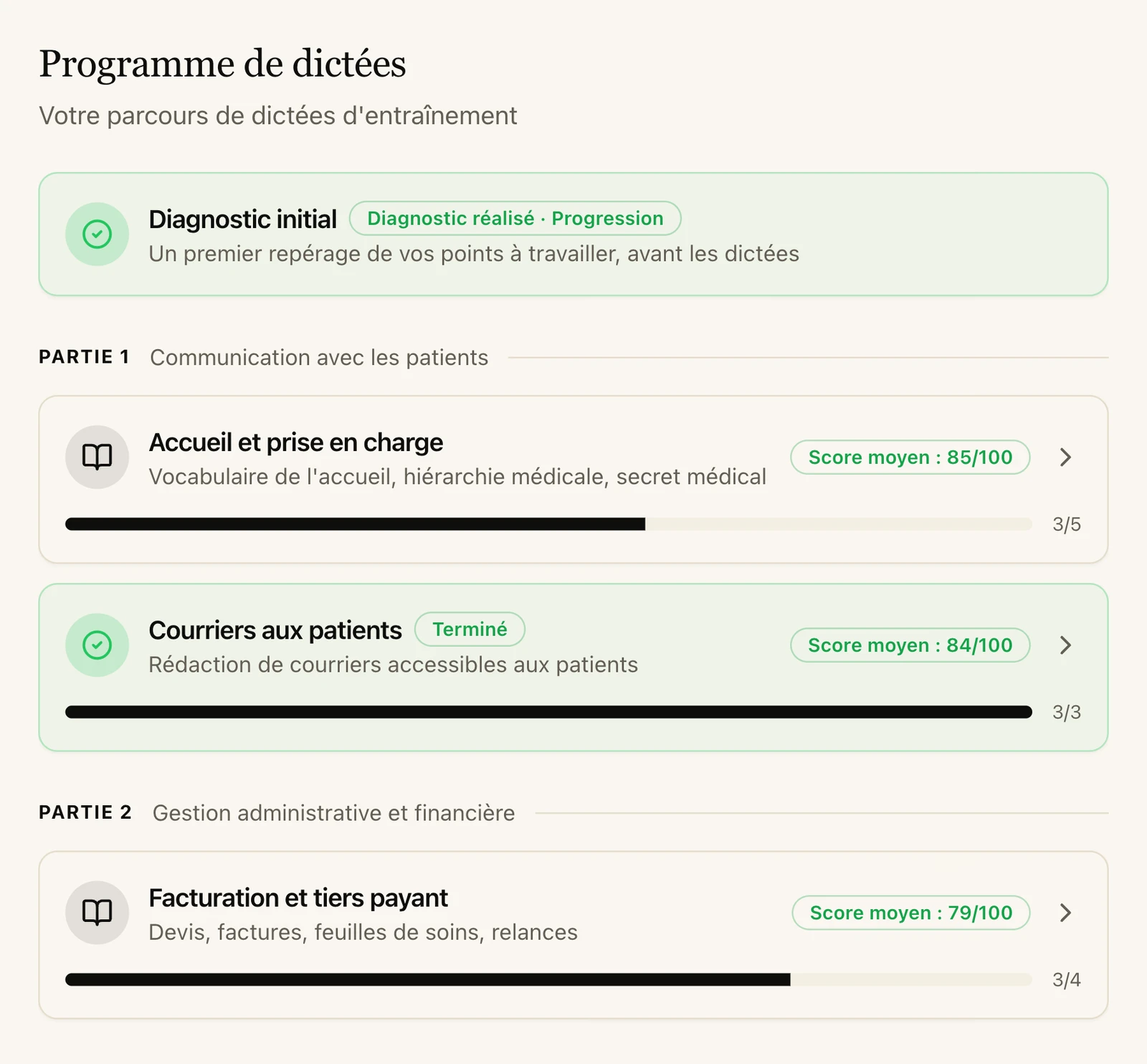 Programme de dictées : diagnostic initial puis parties et modules, avec la progression de l'élève