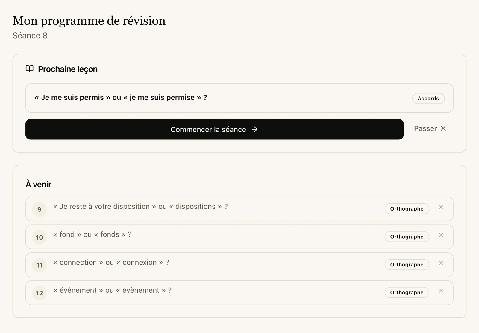 Révision : prochaine leçon et leçons à venir, créées à partir des fautes de l'élève