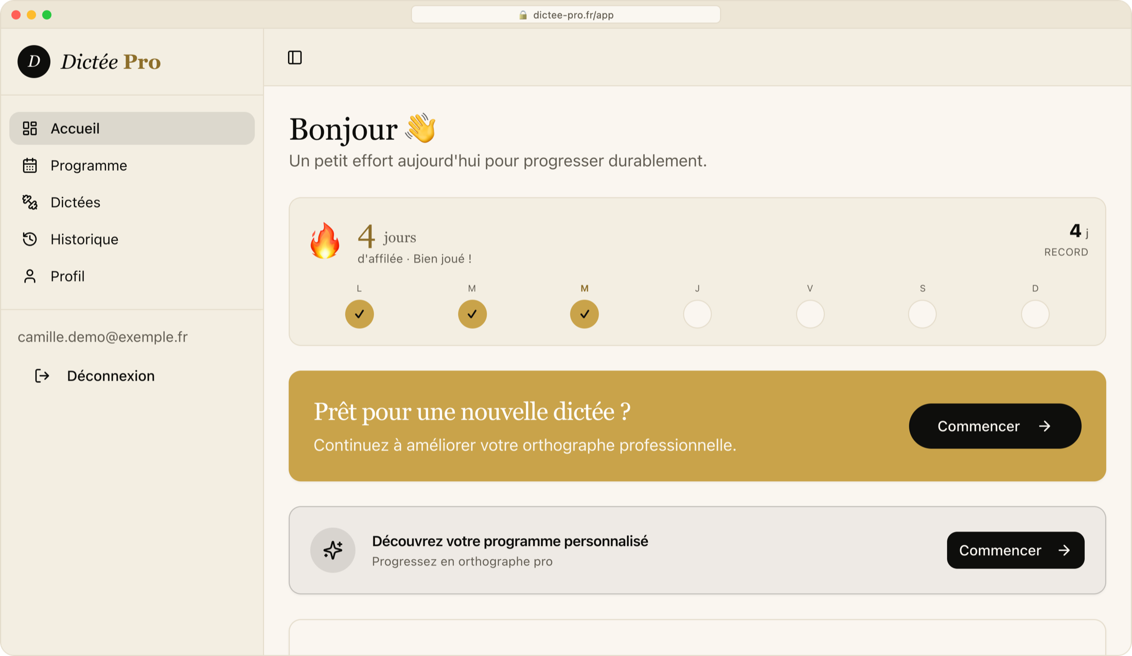 Tableau de bord DictéePro sur le web