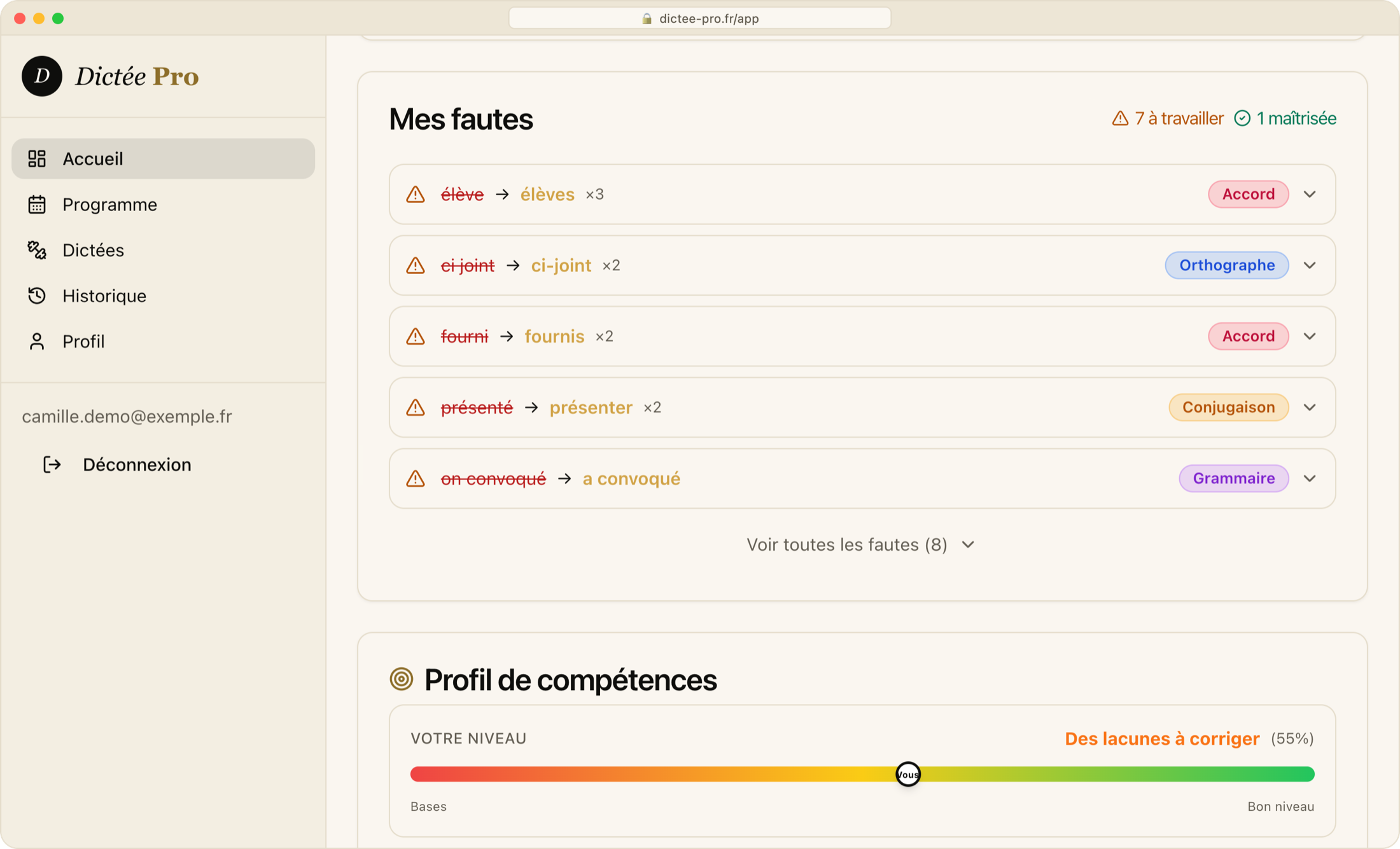 Profil de fautes sur le web